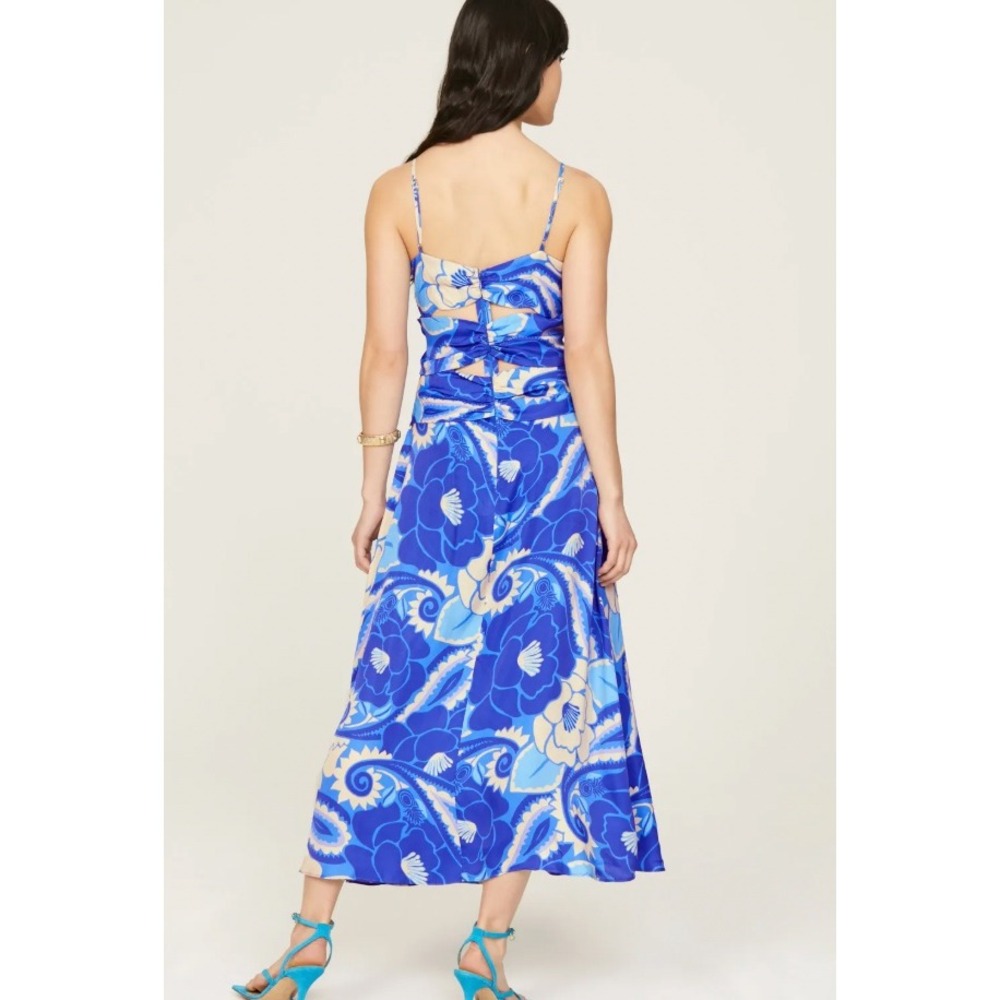 Farm Rio Blue Floral Cutout Halter Maxi Dress Tropical Print Boho Sleeveless | M - Picture 2 of 13